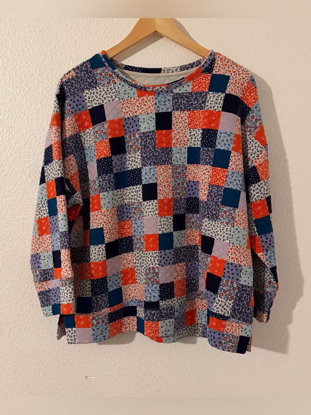 LANDS' END Patchwork Quilted Crewneck 3/4 Sleeve Jersey Sweater Size Large